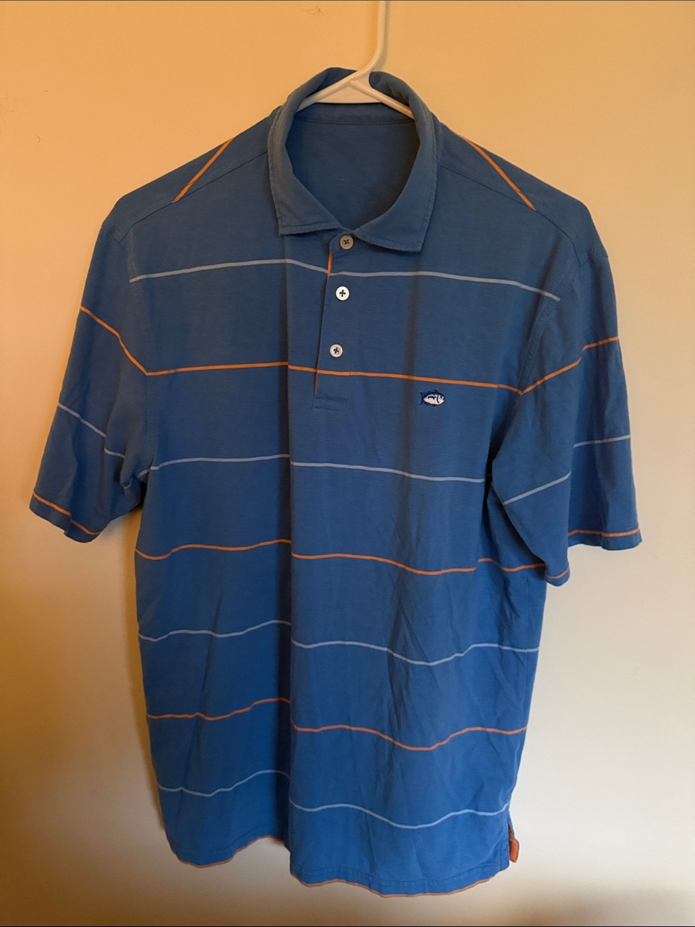 Southern Tide Blue Polo with Orange and White Stripes